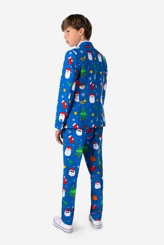 Teen wearing formal blue Christmas suit