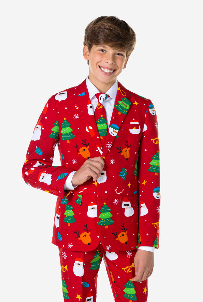 Teen wearing formal red Christmas suit