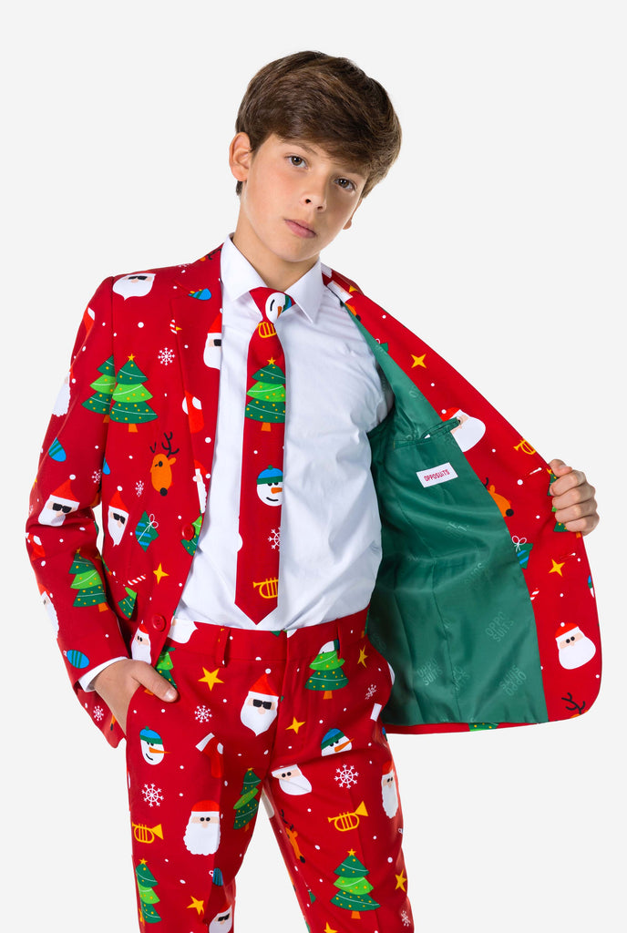 Teen wearing formal red Christmas suit