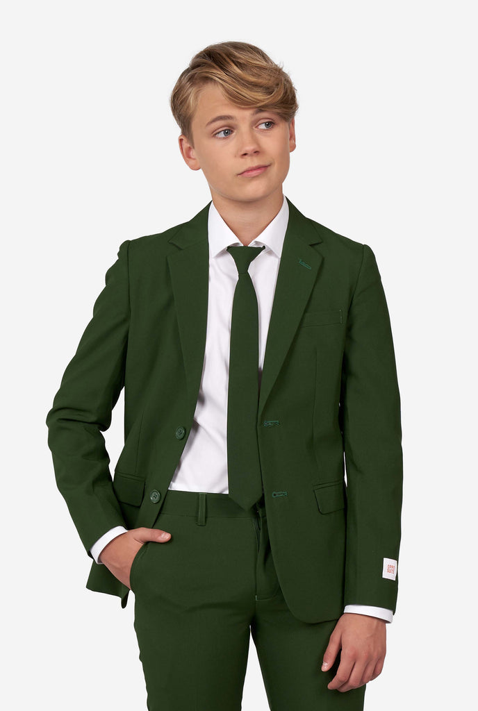 Teen wearing formal dark green suit