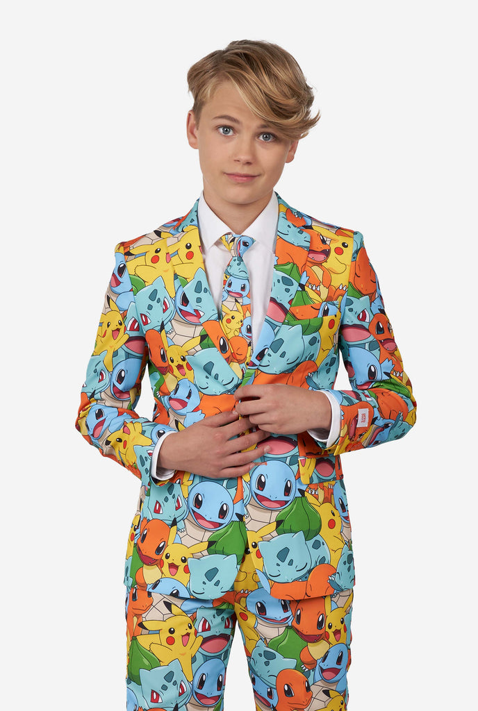 Teen wearing formal multi color suits with Pokemon print