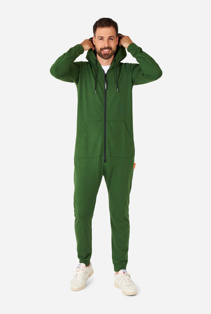 man wearing green onesie