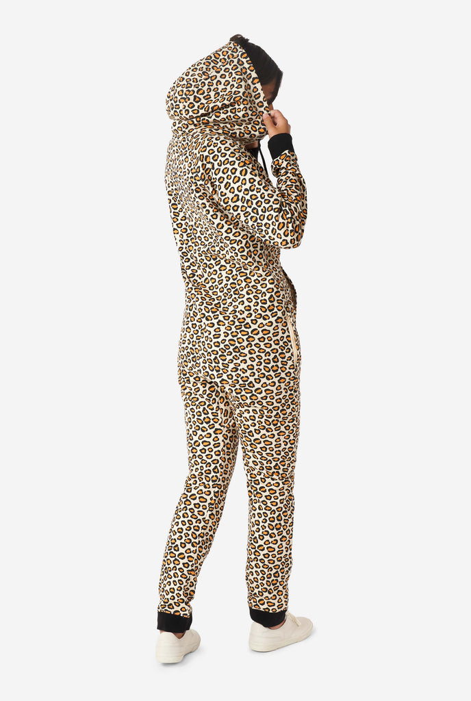 Woman wearing jaguar/ panther print onesie, view from the back