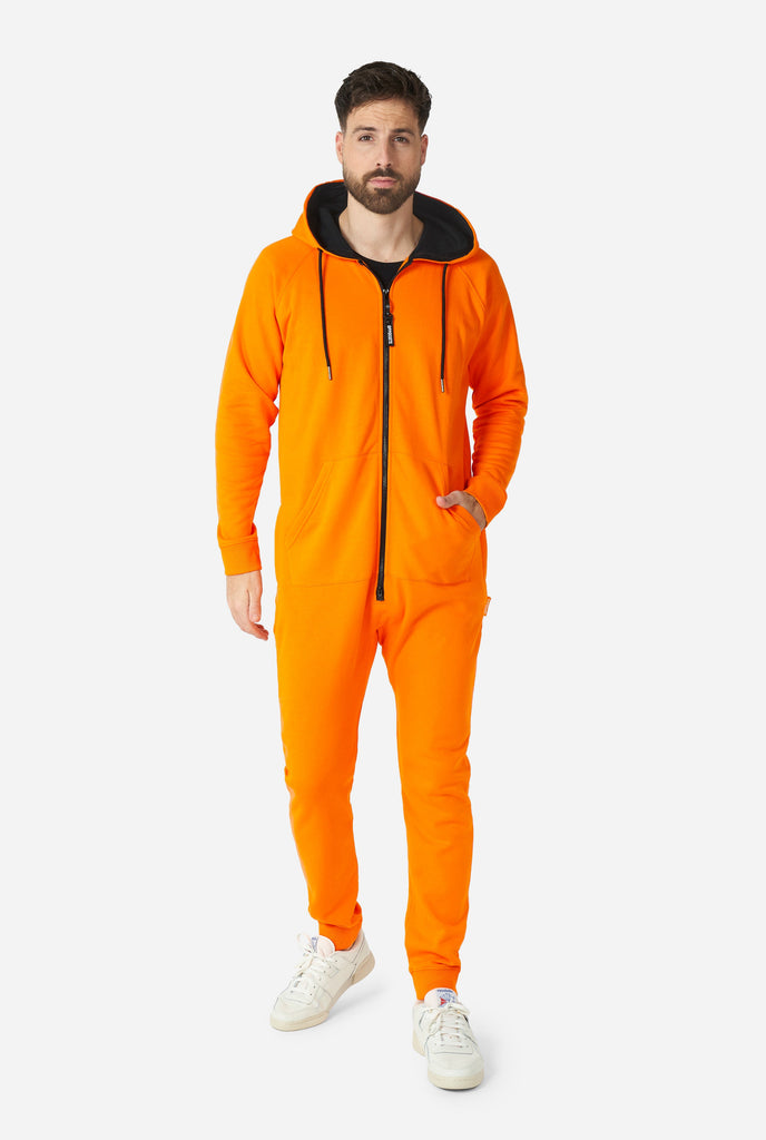 Man wearing orange onesie