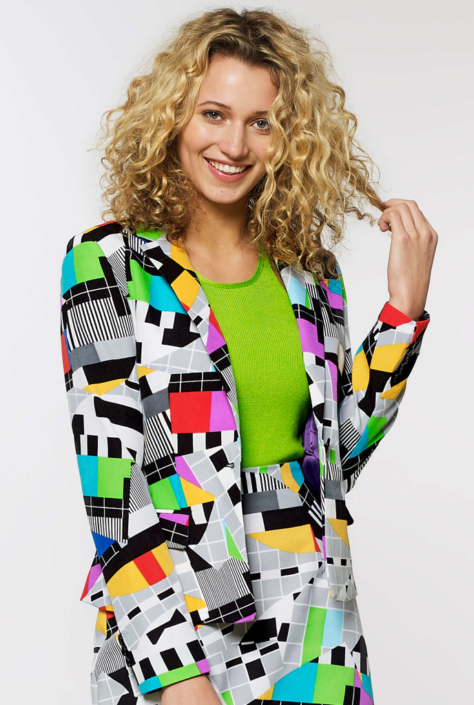Woman wearing colorful test screen blazer