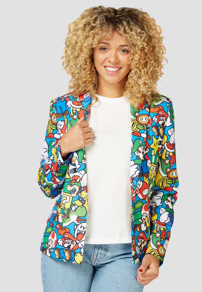 Woman wearing blazer with Super Mario print