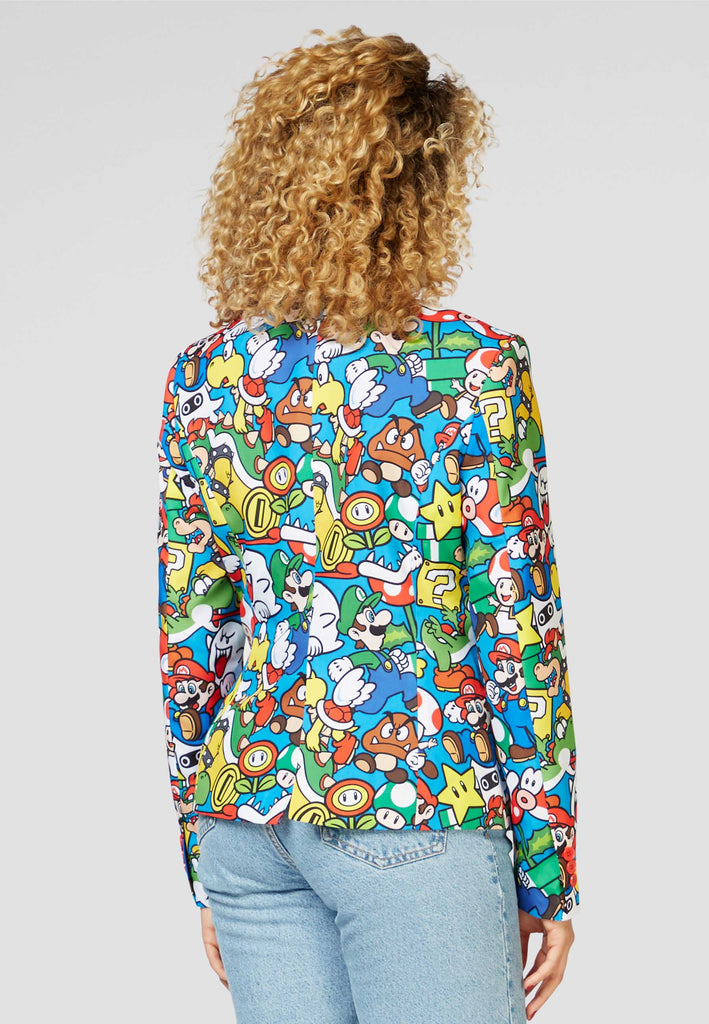 Woman wearing blazer with Super Mario print, view from the back