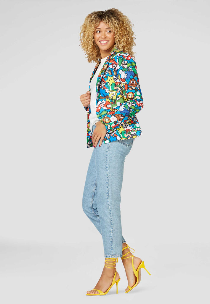 Woman wearing blazer with Super Mario print