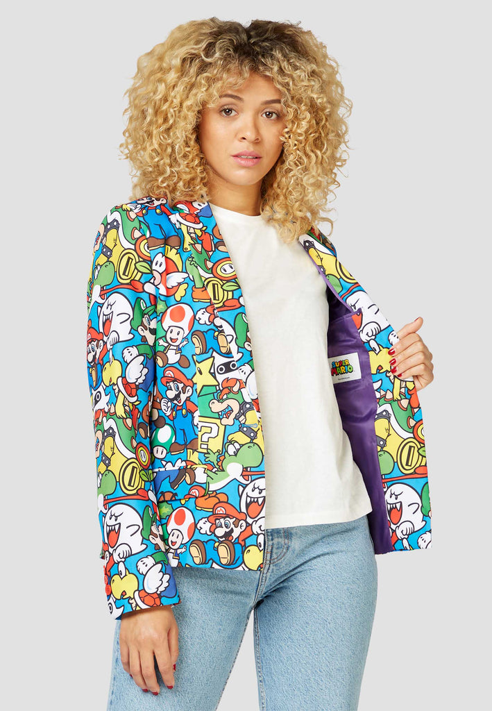 Woman wearing blazer with Super Mario print