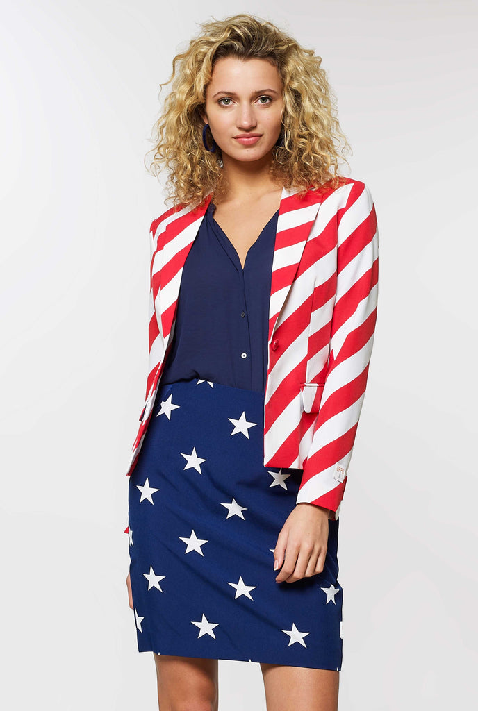 Women's patriotic American Flag suit worn by woman